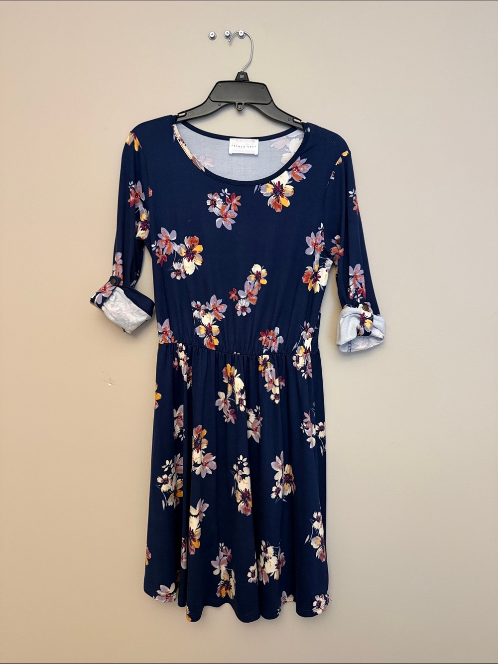French Grey Navy Floral Midi Dress
